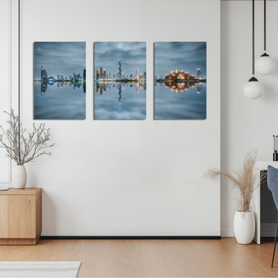 Dubai Skyline Cityscape Reflection Canvas Wrapped Wall Art Oil Painting Print Set Of 3