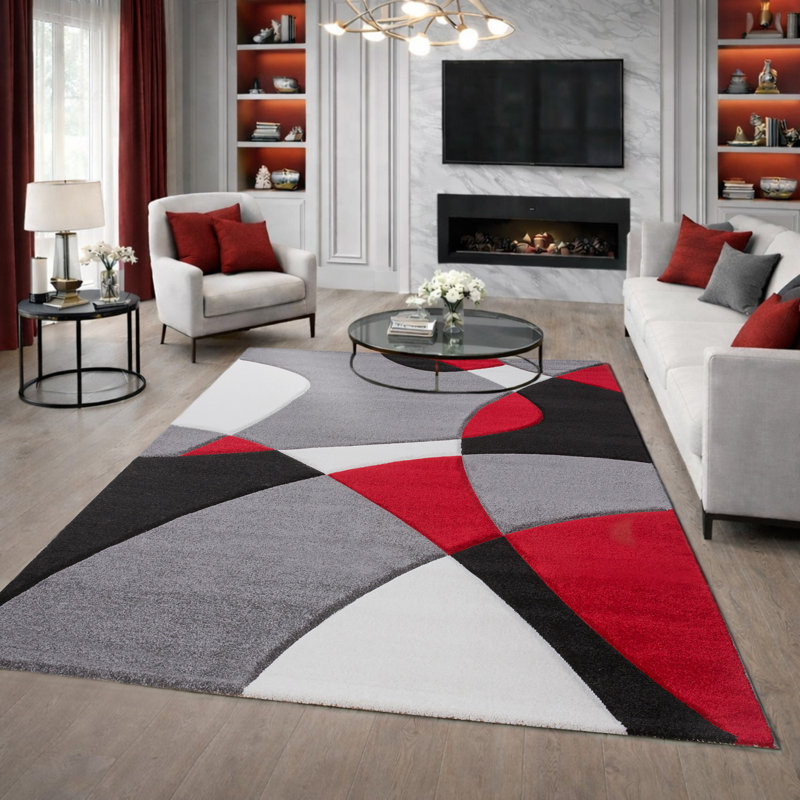 Tapis en polypropylène tissé à la machine abstrait Cristantello en rouge / noir / gris, Rectangle 6 pi 6,7 po x 9 pi 6,2 po