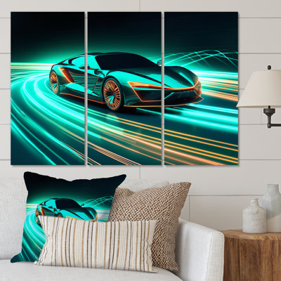 Teal Neon Exotic Car I Transportation Wall Decor on Metal