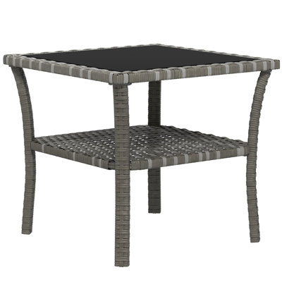 Table d'appoint en rotin, table de bout d'extérieur avec tablette de rangement, cadre carré en aluminium, table basse avec plateau en verre trempé, gris mélangé