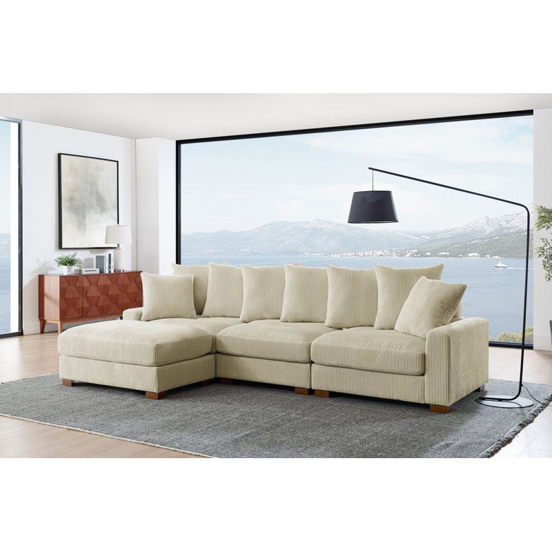 Canapé rembourré en velours côtelé avec pieds en bois massif, 4, Crème, H 34 po x l 122 po x P 67,5 po