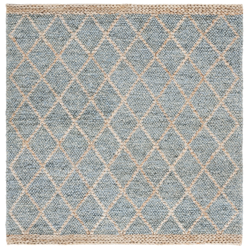 Keyren Natural Fiber Flat Weave Jute/Cotton/Wool Geometric Rug in Blue/Brown, Square 6"