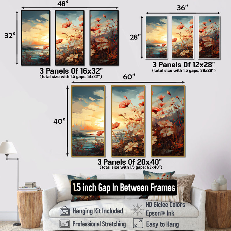 «Meadow Stream At Sunset II», ensemble d'art mural prairie, Cadre flottant noir, H 40 po x l 60 po x P 1 po