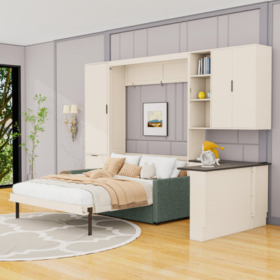 Queen Wooden Wall Murphy Bed with Sofa, LED Strip, USB Ports and Drawers