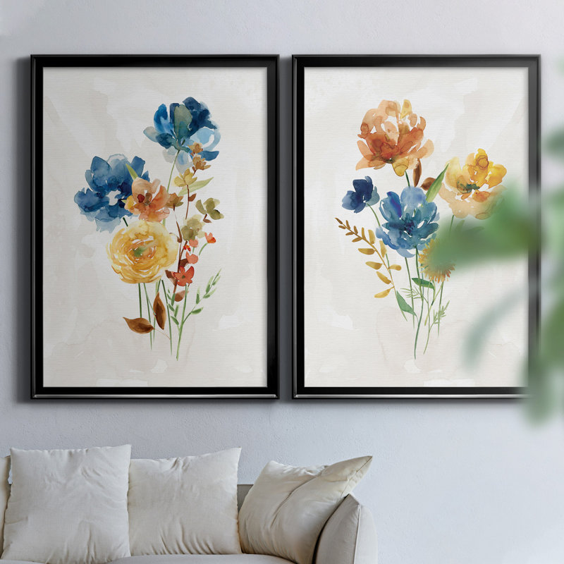 Summer Sprig I - ensemble de 2 reproductions d'art, H 30,5 po x l 42,5 po x P 3 po, Toile avec cadre noir, Pas de tapis