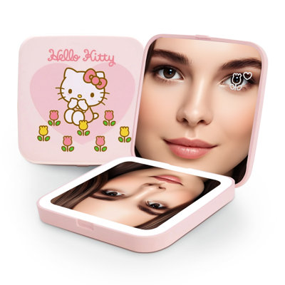 Hello Kitty Floral Fun LED Compact Mirror with Artwork Design and Dual Magnified Purse Mirror, Makeup Mirror with Soft Touch Sensor, Portable Design, Adjustable Brightness