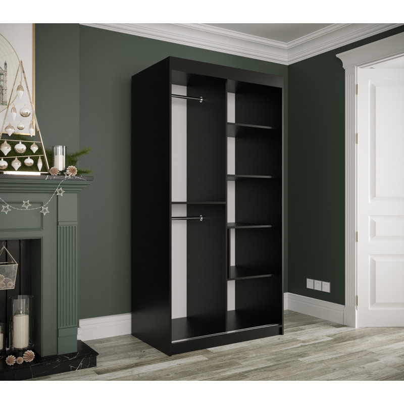 Blerata 2 Door Manufactured Wood Wardrobe, 200cm H x 100cm W x 62cm D, Black Matt/Black Matble