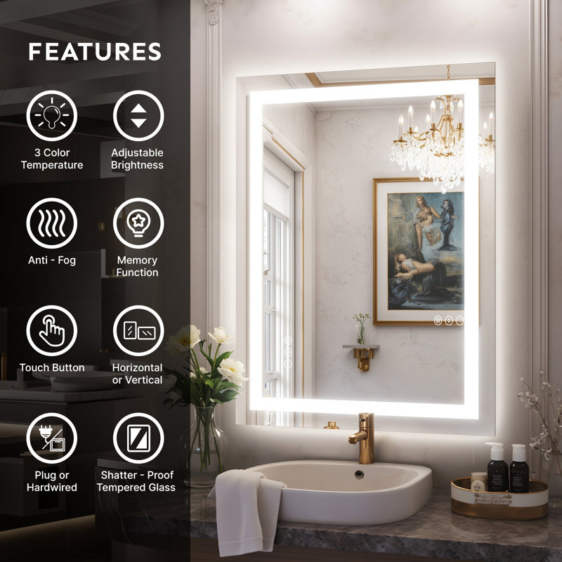 Led Backlit Frameless Lighted Bathroom Mirror Wall Mirror Dimmable Anti-fog, 40" x 48"