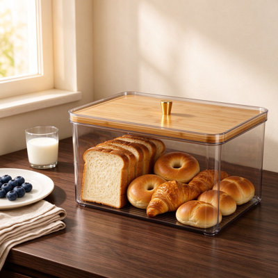 Boîte à pain transparente avec couvercle en bambou, bac à pain en acrylique pour comptoir de cuisine, porte-pain sans danger pour les aliments, boîte à pain moderne pour garder le pain frais et contenant de rangement polyvalent