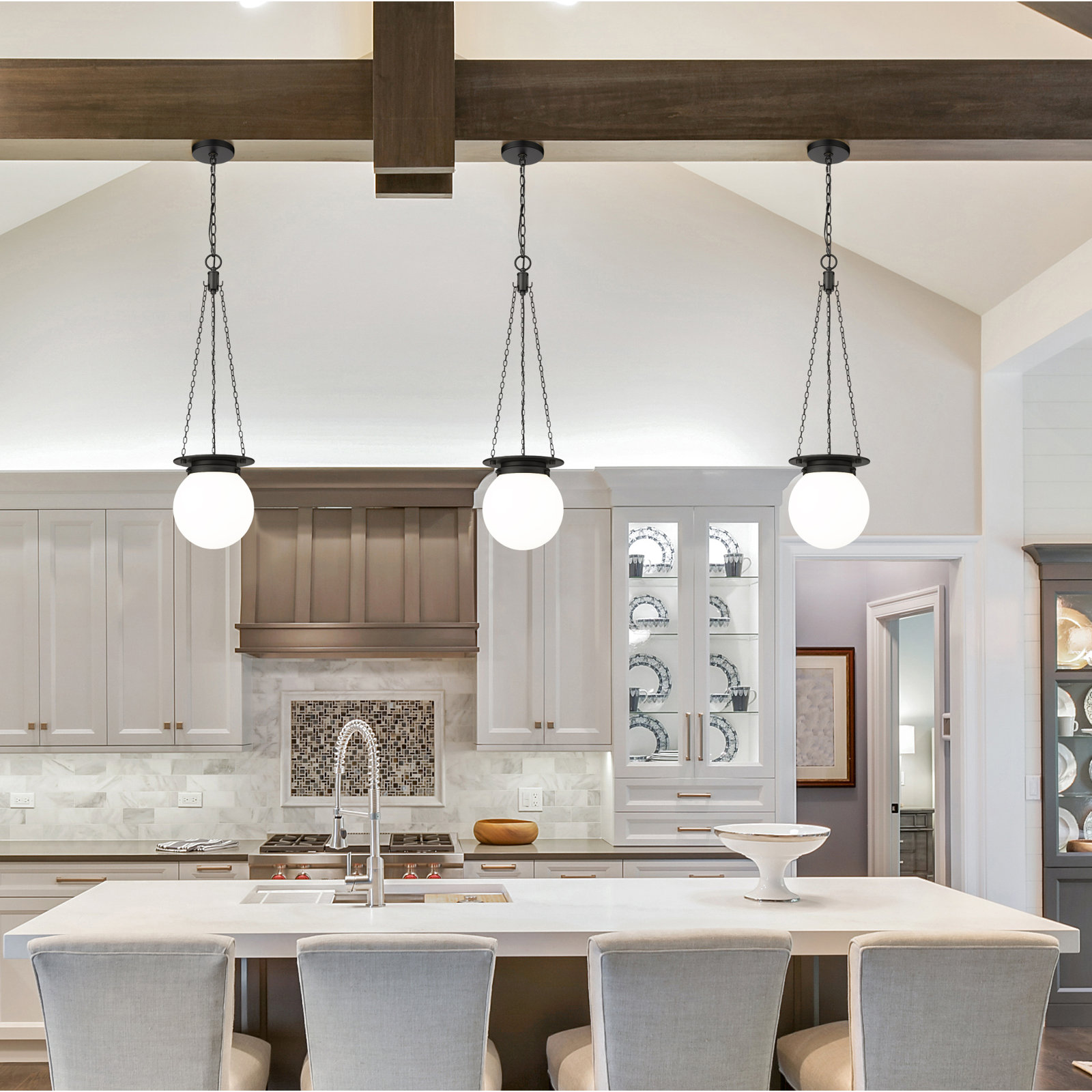 Zella Single Light Glass Dimmable Pendant, 82.75" H x 9" W x 9" D, White, Matte Black
