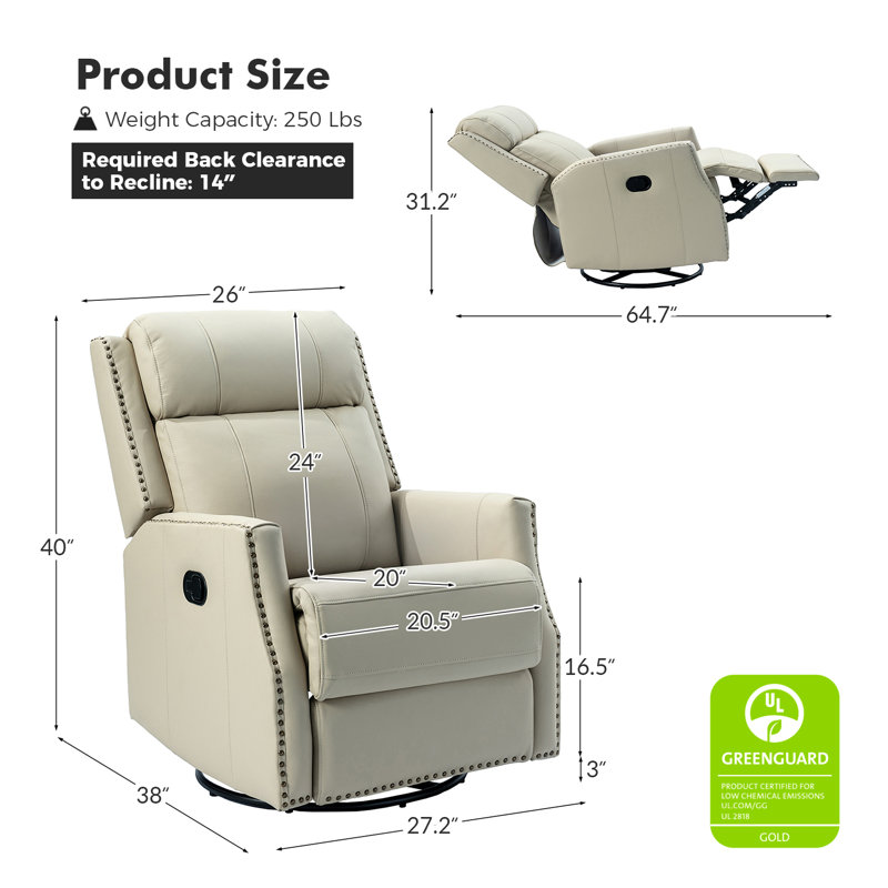 Elimelec Genuine Leather Manual Swivel Recliner, Beige