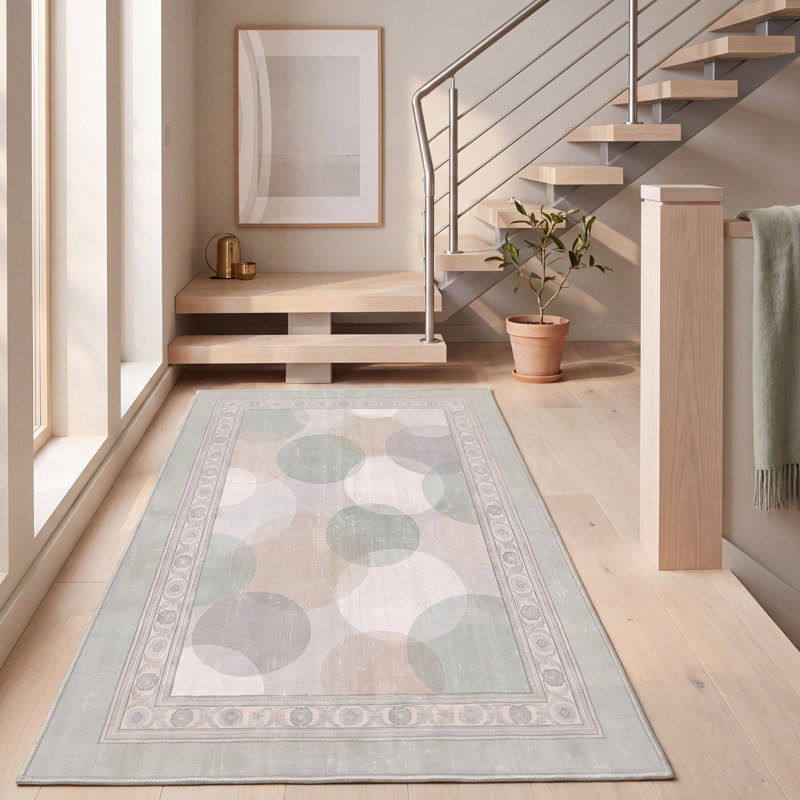 Tapis Knoll2 Modern Circles géométrique vert crème gris blanc antidérapant à poils courts, lavable, pour l'intérieur et l'extérieur, idéal pour les animaux domestiques, salon, chambre, salle à manger, entrée, couloir, bureau