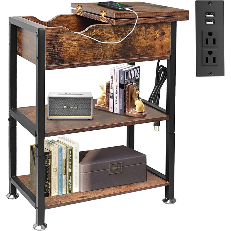 Table de bout rabattable avec station de charge cachée - P 12 po x l 21 po x H 26 po, petites tables d'appoint avec rangement et tablettes, table d'appoint compacte pour petits espaces, table de bout mince avec station de charge, brun