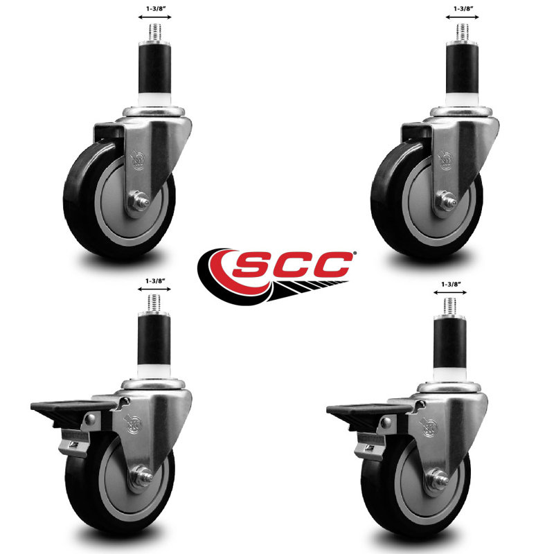 Poly Wheel Swivel Expanding Stem Caster Set 2 Brakes SCC PLB 4" x 1-3/8"