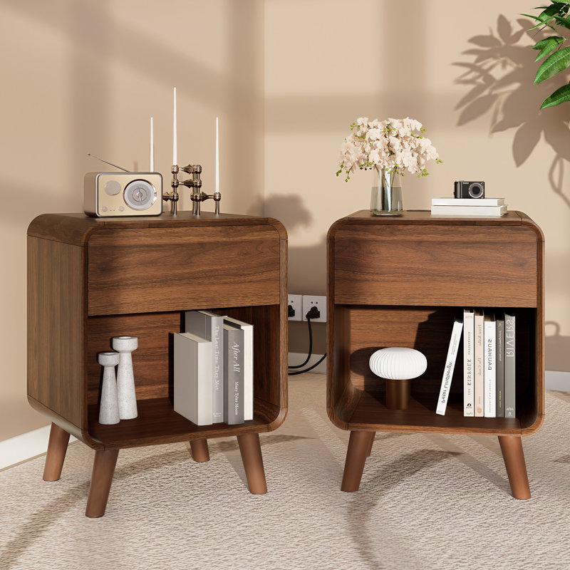 Angela Wood Nightstand Set of 2 with Charging Station, Bed Side Table Set of 2 with Charging Station, Round Corner Wood Night Stand, 15.7"D x 17.7"W x 23.6"H