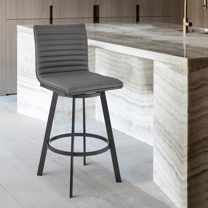 Tabouret de bar pivotant de 26 po à hauteur de comptoir avec similicuir gris et finition noir mat - rotation à 360 degrés, siège confortable, base stable