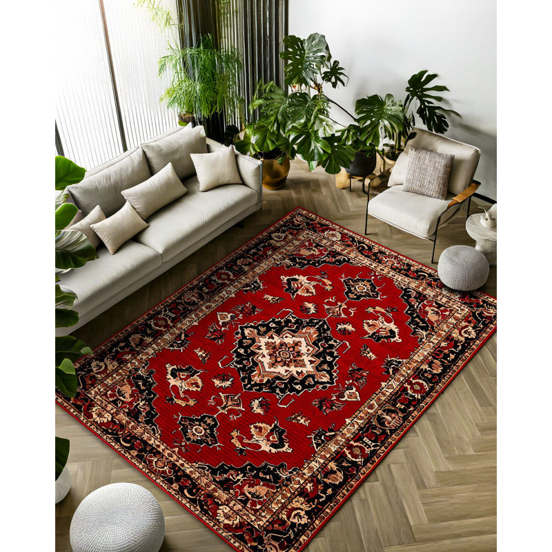 Tapis rouge / brun / noir en coton imprimé à la machine Guria, Rectangle 2 pi 8 po x 5 pi