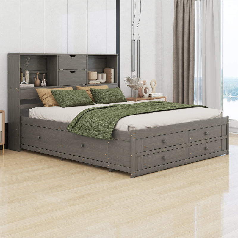 Lit plateforme avec tête de lit avec rangement et 8 tiroirs, Très grand lit, Gris