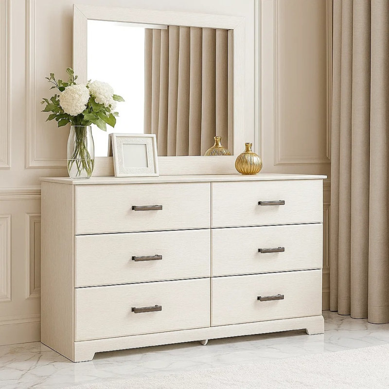 Ensemble de commode et miroir Tely 2 pièces, 6 tiroirs avec poignées en étain, blanc