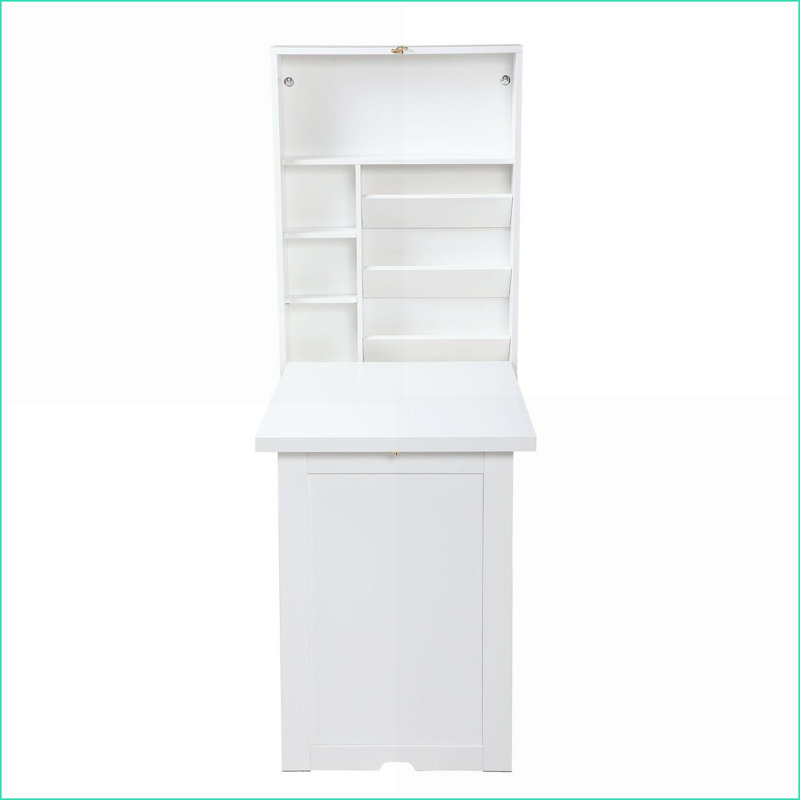 Bureau de bureau mural pliant compact avec rangement, blanc | Panneau de particules