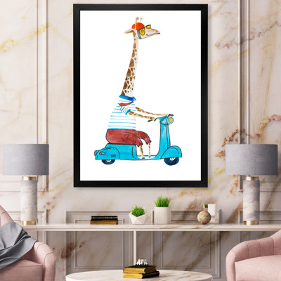 " Giraffe Dressed Up Wearing Helmet And Riding Scooter " Painting Print