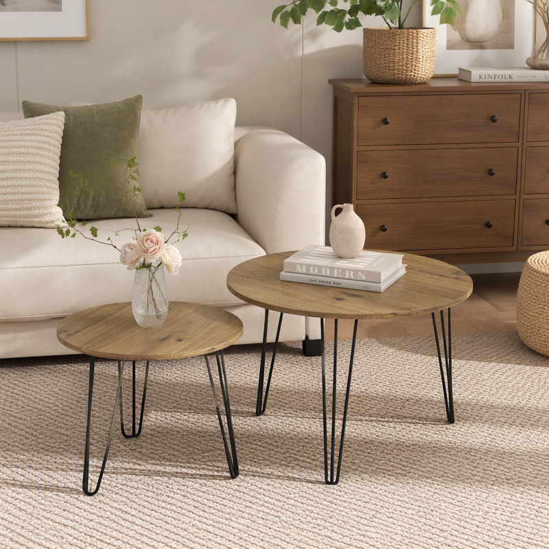 Ensemble de 2 tables basses gigognes rondes de 27,56 po, ensemble de tables de bout gigognes circulaires, plateau de table rond en bois et base en métal robuste pour le salon, la chambre à coucher, brun
