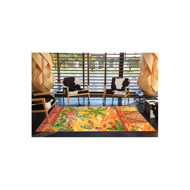 Geometric Beach Orange Patterned Washable Rug, Rectangle 5'2" x 7'7"