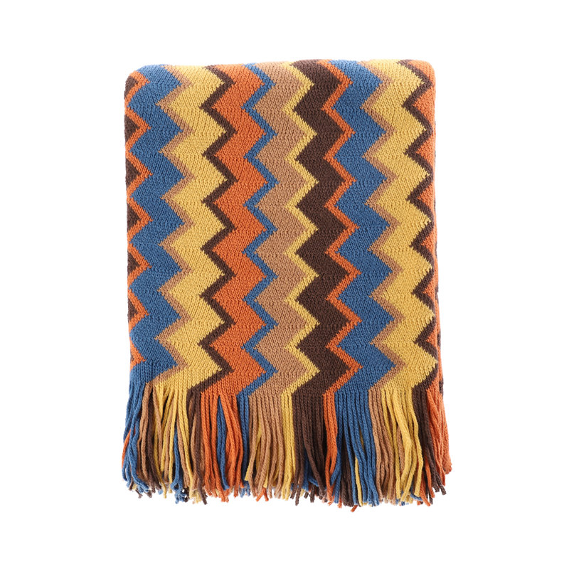 Boho Multicolor Knitted Acrylic Throw Blanket with Tassels, 50" x 60"