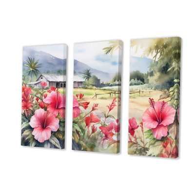 Hibiscus rose et vert, harmonie tropicale, fleurs II sur toile, 3 pièces