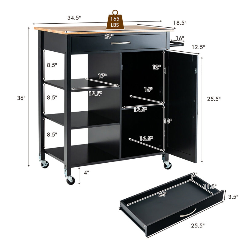 Solid Wood Top Kitchen Island, Black