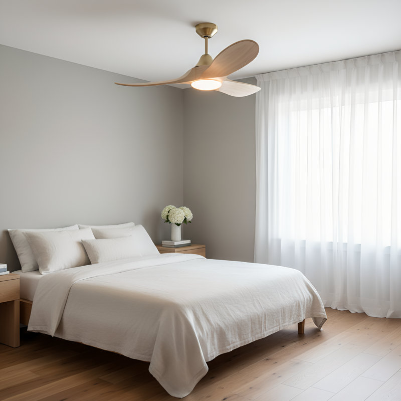  Maverick Smart 44 LED Indoor Ceiling Fan with Threaded Downrod, Washed White Oak blades and Handheld Remote, Burnished Brass