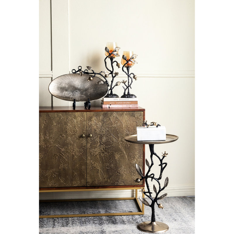 Table d'appoint en aluminium noire et dorée de 13,8 x 13,8 x 24 pouces avec grenade complexe, table de bout noble, présentoir ou support à plante mesurant le charme