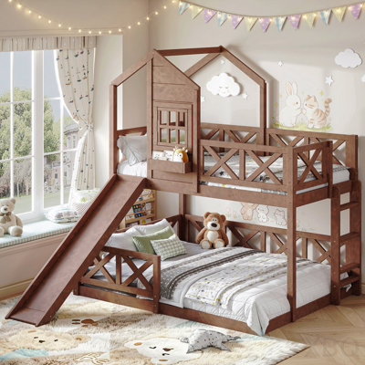 Twin Over Full House Bunk Bed Frame With Slide, Wooden Playhouse Loft Bunk Bed With X-Shaped Safety Guardrail, Window & Storage Space, No Box Spring Needed, Natural