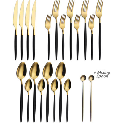 Ensemble de couverts 20 pièces poli miroir - couverts en acier inoxydable avec plateau doré et poignée noire