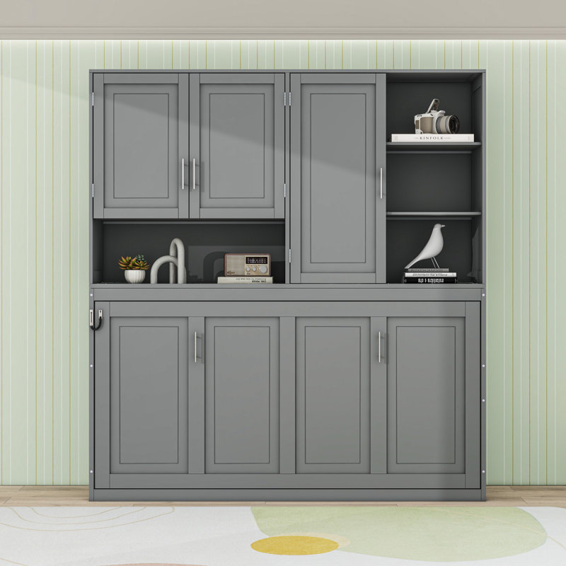 Lit escamotable simple en bois avec armoire, tablettes, éclairage intégré et ports USB, gris