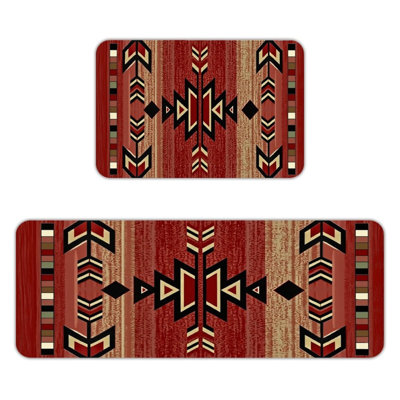 Red Tribal Geometric Pattern, 2 Pcs Non Slip Kitchen Mats
