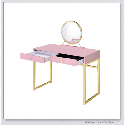 Bureau de coiffeuse rose et doré Coleen avec miroir et plateau à bijoux pour un rangement et une organisation élégants