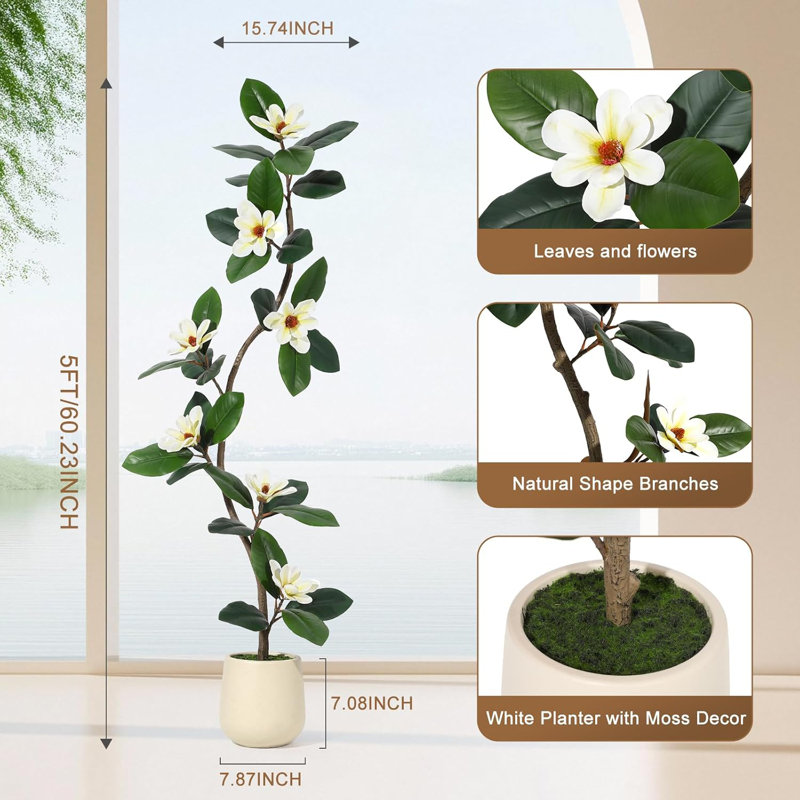 Hévéa artificiel avec fleurs de magnolia, H 60 po x l 7,87 po x P 7,87 po