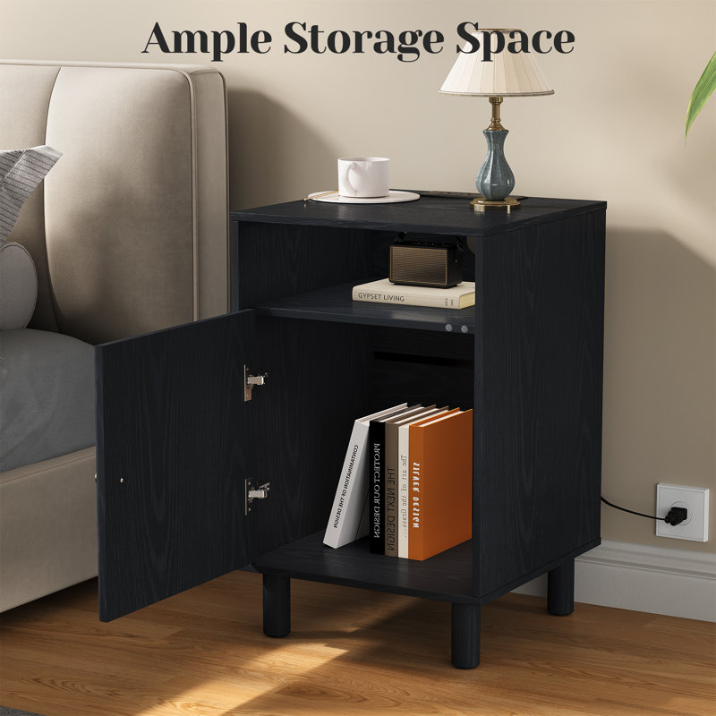 Chanson Nightstand Set of 2 With Charging Station and Solid Wood Legs, Black