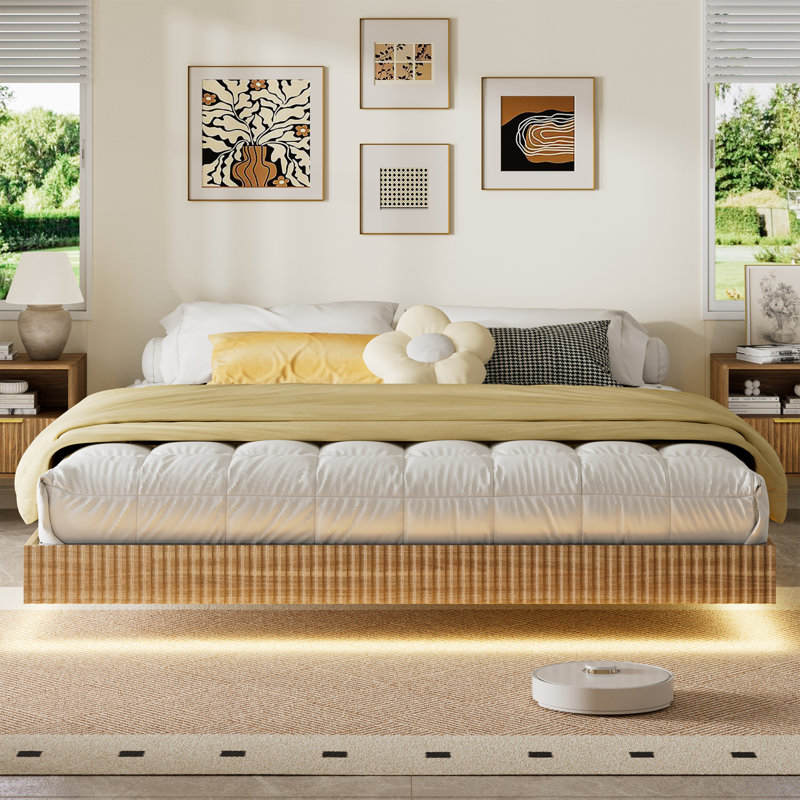 Très grand cadre de lit flottant avec lumières DEL, lit plateforme flottant moderne avec lattes en métal robustes, sans tête de lit
