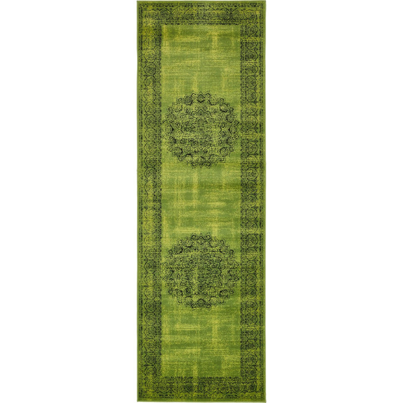 Tapis oriental vert / noir Yareli, Tapis de couloir 3 pi x 9 pi 10 po