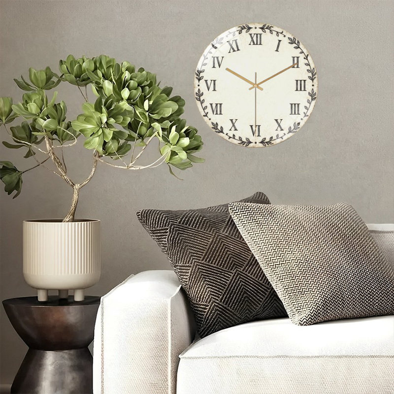 Horloge murale 12 po ronde en verre trempé avec mouvement à quartz silencieux, Blanc, crème