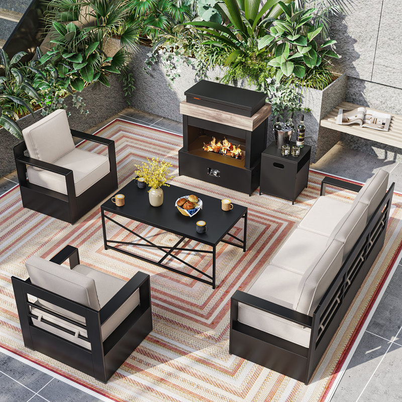 Abdullah 5-Piece Modern Aluminum Outdoor Patio Furniture Set with 50000-BTU Outdoor Propane Fireplace,Coffee Table, Beige