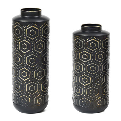 Modern Geometric Black/Gold Metal Vases for Home Decor (Set of 2)