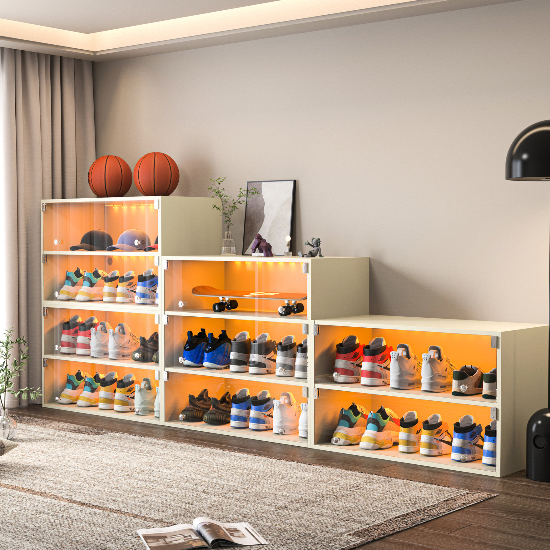 Ebern Designs Black Led Shoe Box Showcase Cabinet With Glass Doors ...