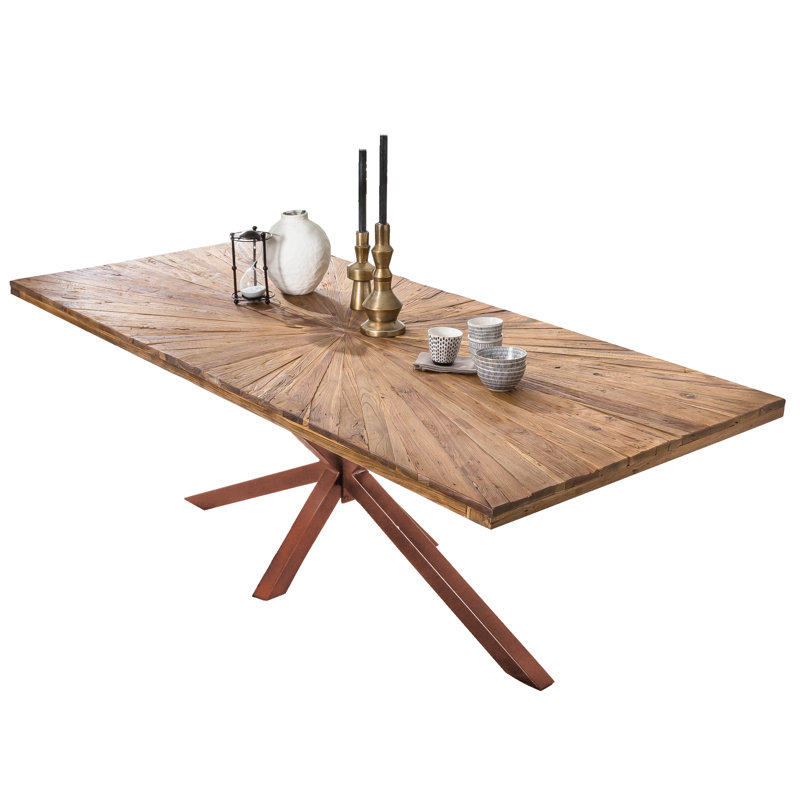 Isaac Teak Solid Wood Top Metal Base Dining Table, Antique Brown, 77cm H x 180cm L x 100cm W
