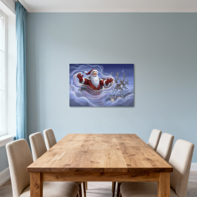 Père Noël de Noël volant avec des rennes au-dessus de la ville, H 32 po x l 48 po