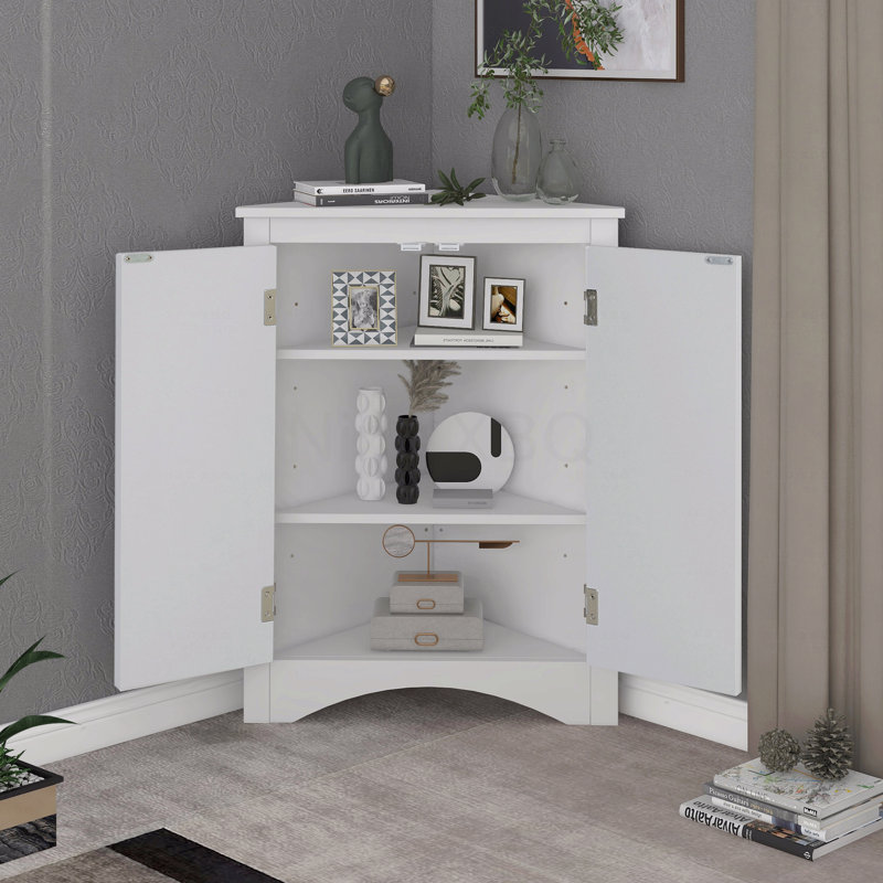 Triangle Bathroom Storage Cabinet With Adjustable Shelves, Freestanding Floor Cabinet, White