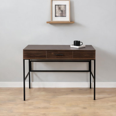 Rectangular writing desk with built-in USB and outlet, oak and deep black finish, 42-inch wide metal base for home office