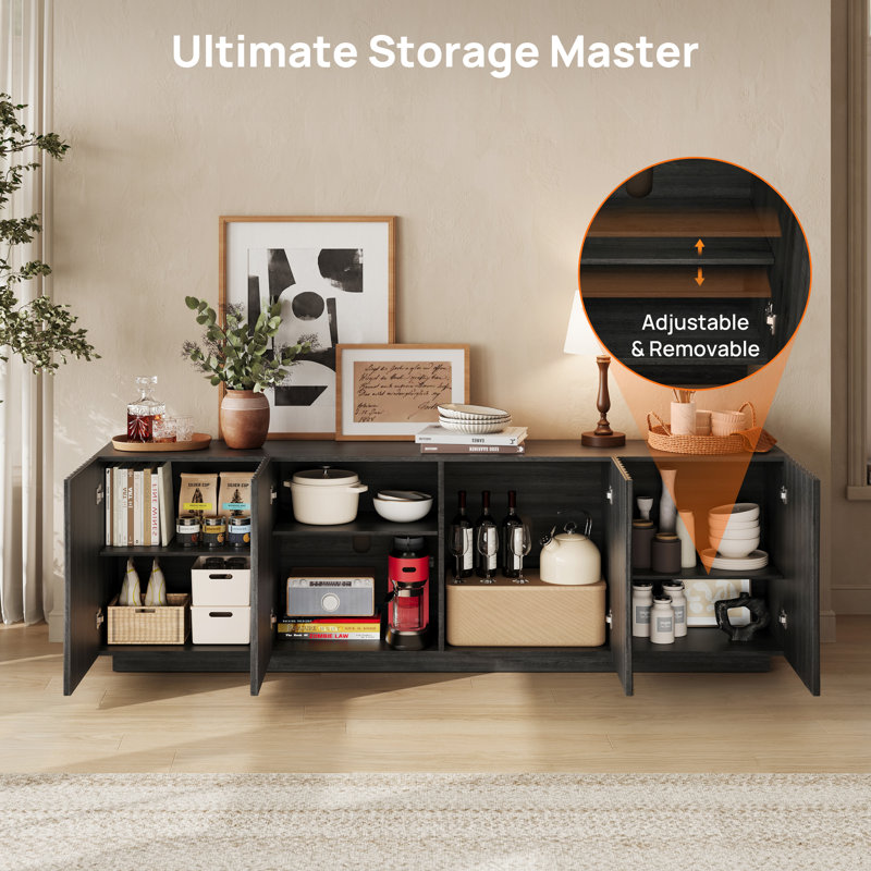 70'' Fluted Mid-Century Modern Sideboard & Buffet Cabinet – Adjustable Shelves, TV Console, Accent Storage for Living Room, Dining Room, Entryway , Black 